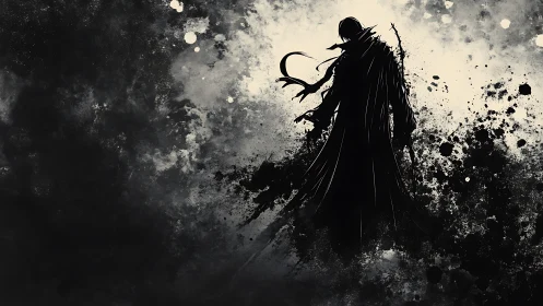 Shadow reaper strides through splattered twilight void.