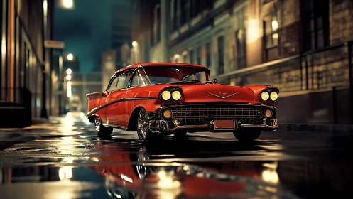 Classic red sedan rendered in cinematic nocturnal street lighting