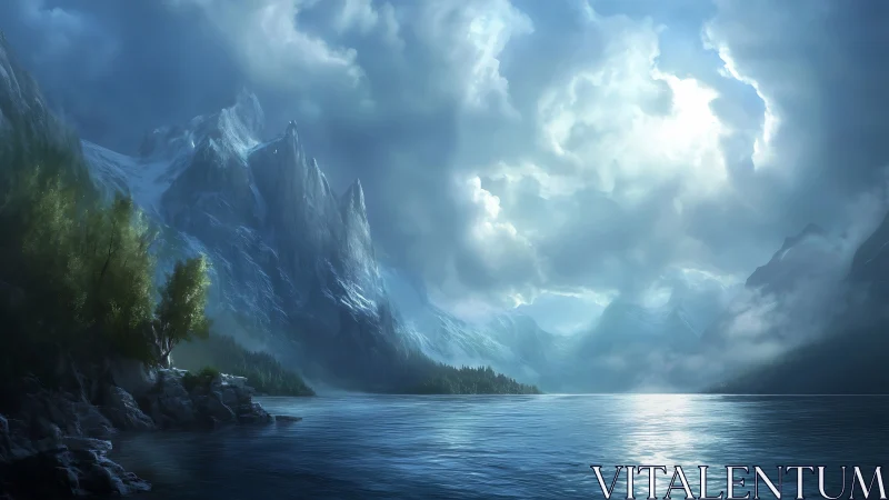 Majestic glacial peaks tower above luminous alpine lake.