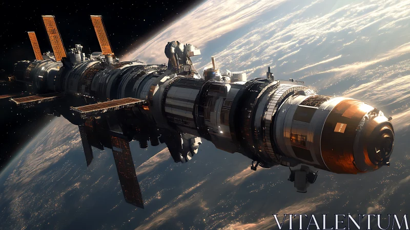3D orbital research station with modular industrial hull design.