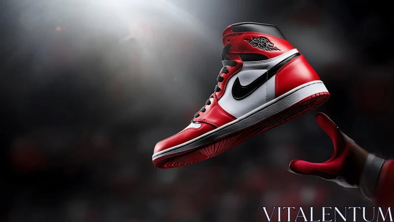 Iconic red high-top sneaker caught in a spotlight moment.