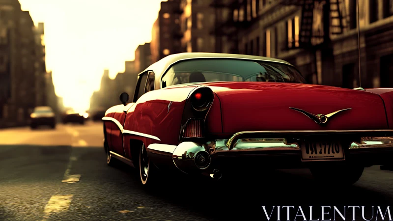 Golden hour city drive lets a red classic car quietly shine