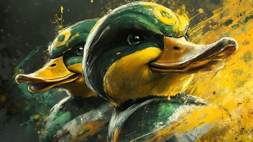 Twin mallard portraits explode through abstract color fields.