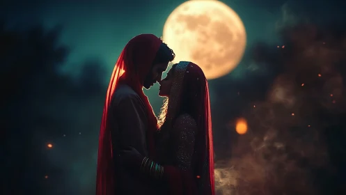 Silhouetted Couple Beneath Full Moon's Celestial Glow.