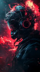 Cyberpunk gamer in flaming visor and tactical headset.