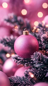 Cozy pink Christmas ornament glowing on frosted tree branches.