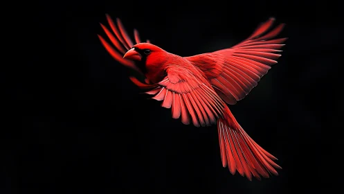 Vivid red cardinal in flight on black background, dramatic lighting.