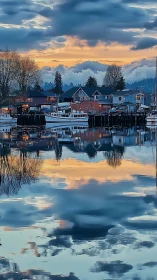 Harborfront houses and docked boats with reflective water surface.