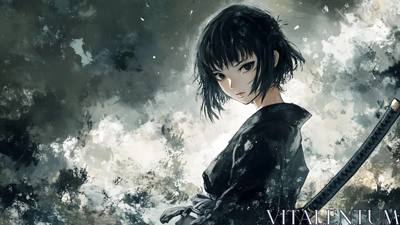 Black-clad sword wielder before abstract cloudy backdrop.