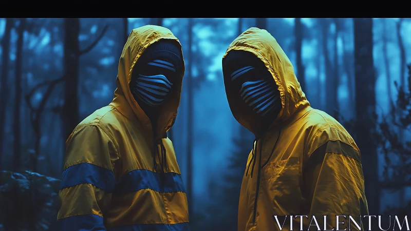Masked figures in yellow hoodies within blue fog forest.
