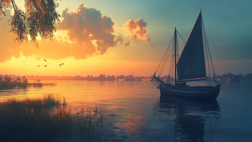 Sunset littoral sailboat under volumetric clouds in stillwater.