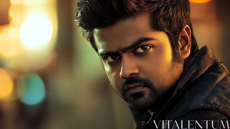 Man with intense gaze lit by warm, shallow depth lighting