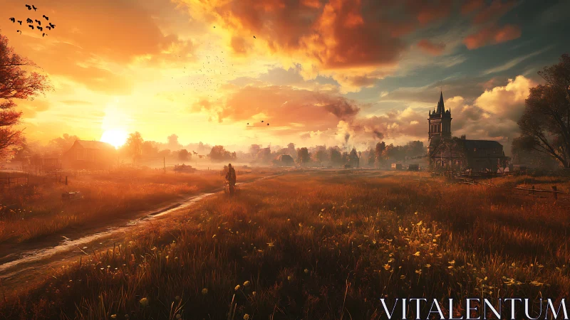 Radiant agrarian horizon with volumetric sunset scattering.