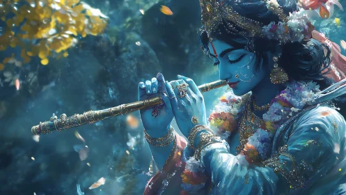 Ornate blue flutist amid luminescent aquatic foliage tableau.