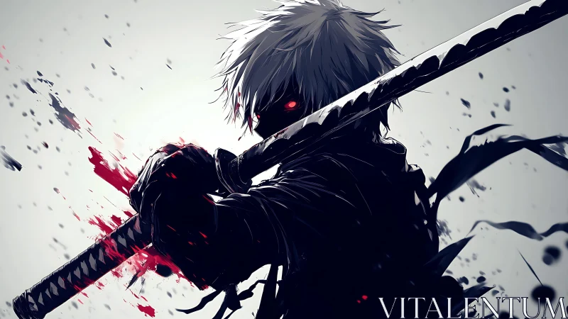 Dark anime swordsman with glowing eyes and bloodied blade.