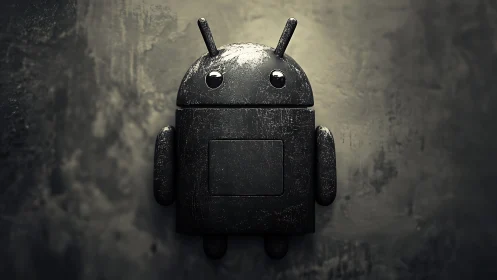 Weathered black robot mascot stands against moody wall