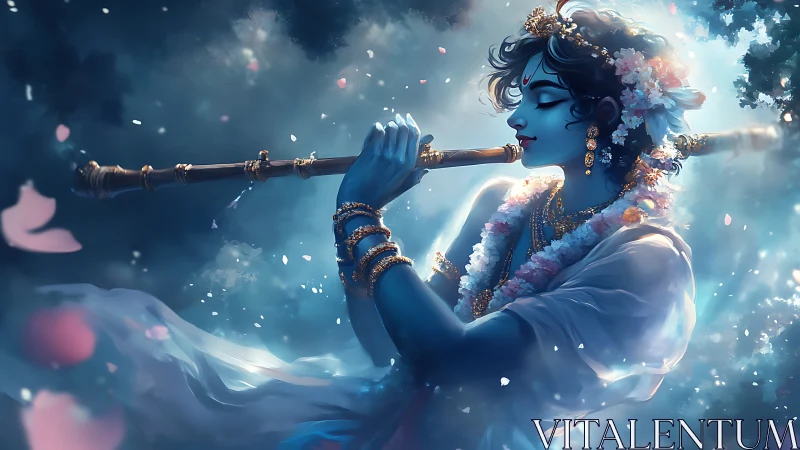 Divine blue figure plays flute in a luminous moonlit haze