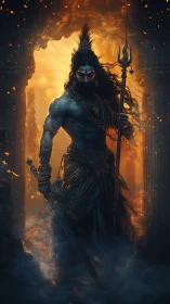 Stormfire deity strides through embers and sacred ruin.