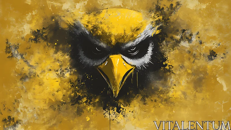 Fierce golden hawk face erupts from splattered storm of paint.