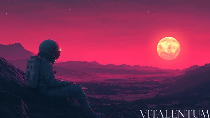 Solitude in neon starlight: astronaut under a cosmic moon.