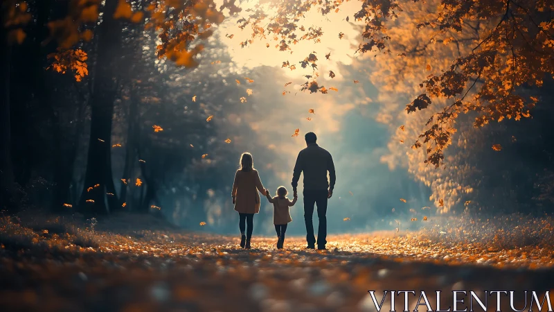 Family silhouettes wander through a glowing autumn dreamway.