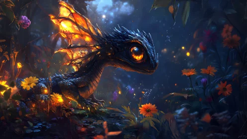 Fire-eyed baby dragon wandering through a midnight bloomscape.