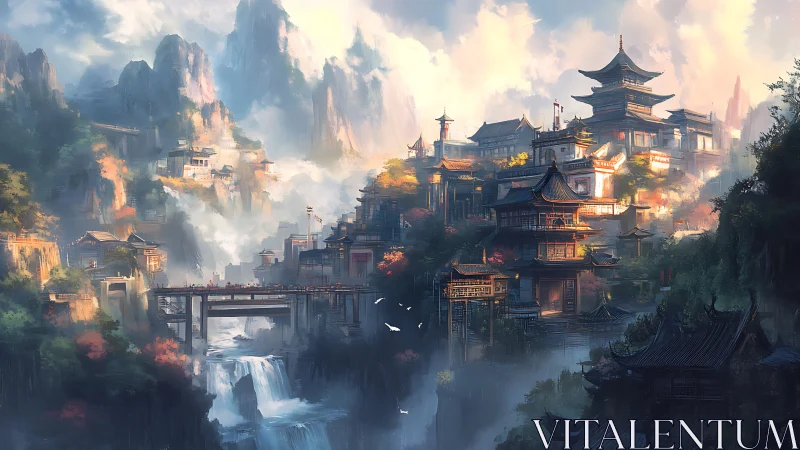 Terraced mountain citadel in atmospheric digital painting style.