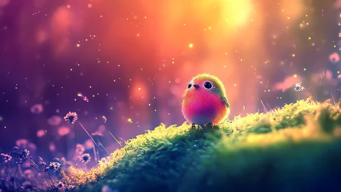 Vibrant neon plumage bird rendered in shallow depth-of-field bokeh