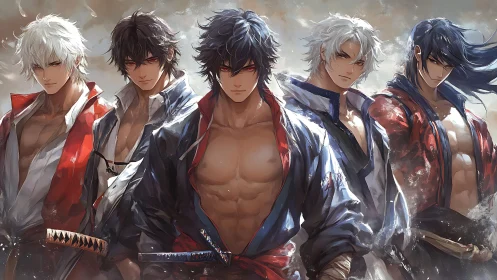 Samurai brothers line up in dramatic anime warrior portrait.