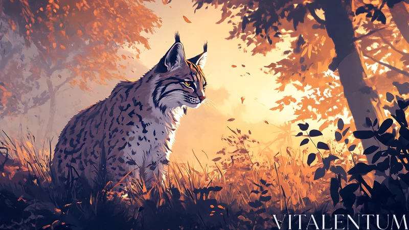 Lynx in Autumn Forest Bathed in Golden Light.