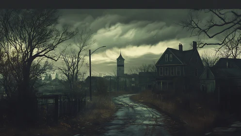 Deserted rural street under stormy sky at twilight.