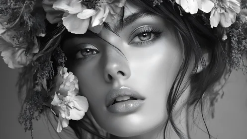 Monochrome floral portrait renders hyperreal feminine visage
