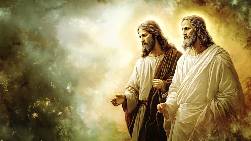 Dual robed figures walking through radiant atmospheric luminance.