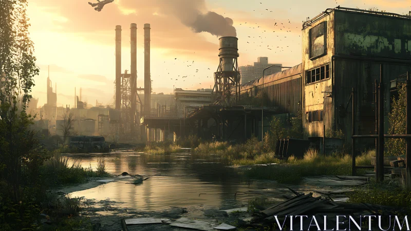 Golden hour overgrown factory and quiet industrial canal.
