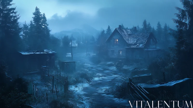 Rural house and dirt road in misty blue night landscape.