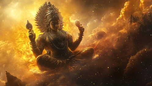 Radiant seated deity rendered in luminous celestial clouds