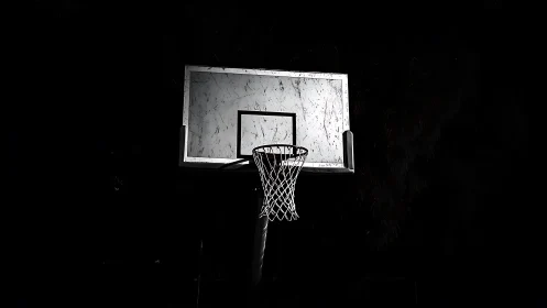 Outdoor basketball hoop glows under harsh night lighting