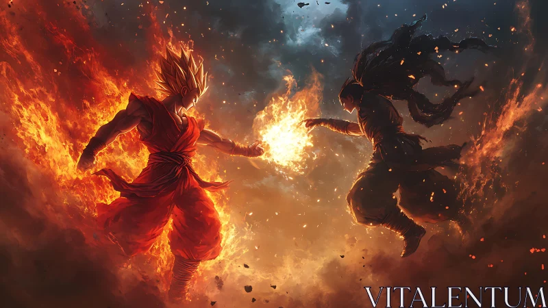 Fiery anime warriors collide in explosive sky duel.