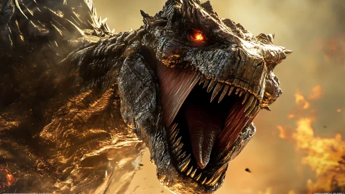 Roaring dragon head with molten scales and fiery background.