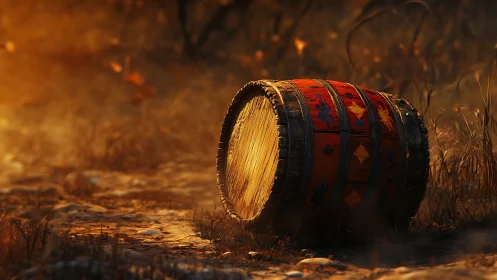 Textured red wooden barrel in dusk-lit overgrown field scene.