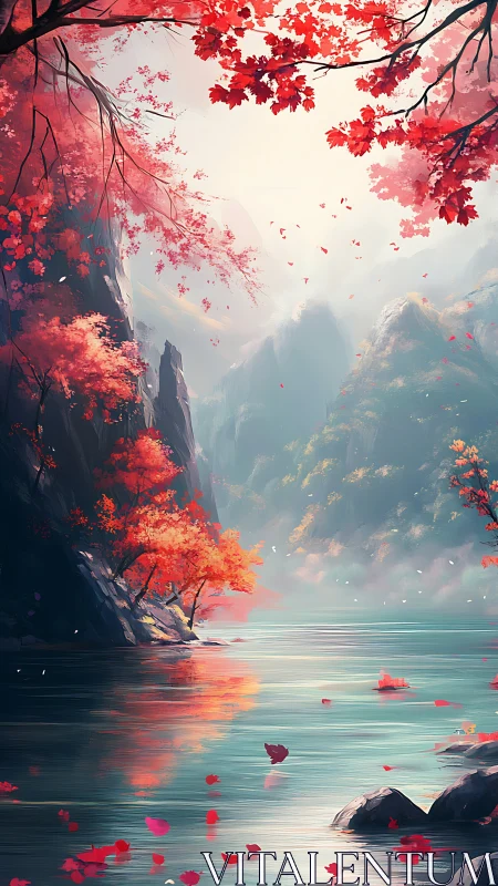 Crimson canyon lake dreaming beneath soft mountain mist.