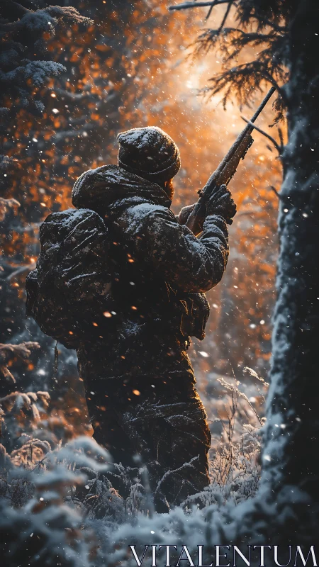 Winter sniper tracks prey through burning forest light.