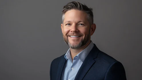 Photorealistic corporate headshot with neutral studio backdrop.