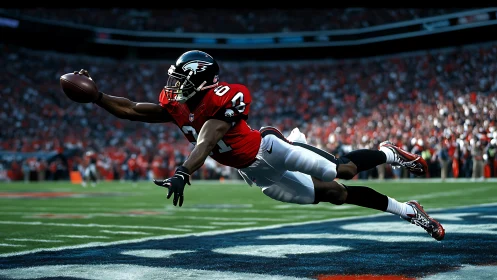 Wide receiver dives for end zone catch in dynamic stadium scene