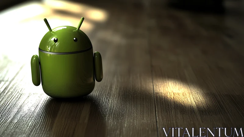 Green android robot model stands on reflective wooden floor