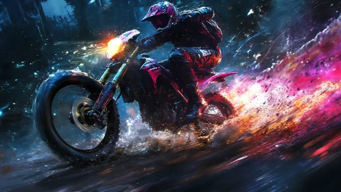 Neon dirt bike rider cuts stormy trail through wet night.