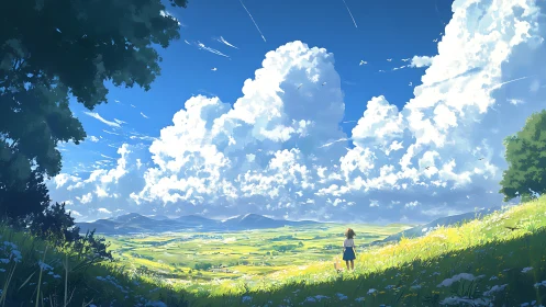 Girl on sunlit hillside under vast cumulus skyscape.