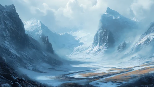 Snow-covered mountain valley with winding frozen river.