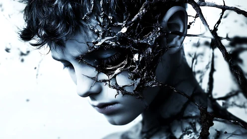 Cybernetic corrosion mask on melancholic portrait study.