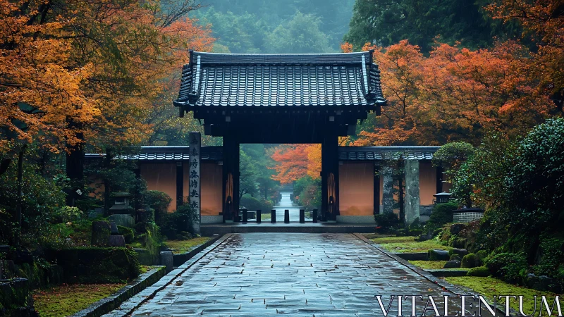 Autumn temple gate frames a misted path in balanced symmetry